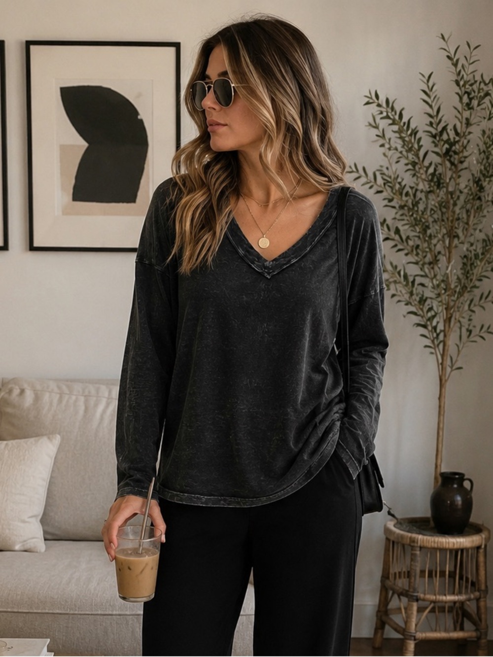 everleigh Washed Black V-Neck Long Sleeve Top